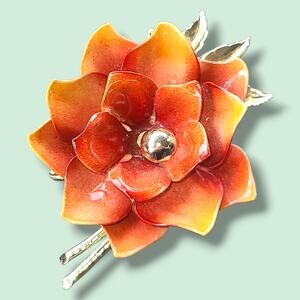 Vintage Coro Signed Orange Enamel Flower Rose Brooch‎ Pin Gold Tone Corocraft